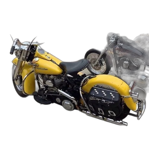 3d render, photorealistic, concept art, yellow, motorcycle, black, saddlebags, parked transparent PNG cut-out
