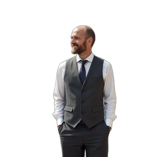 staff, jacket, concept art, photorealistic, man, vest, tie, stands transparent PNG cut-out