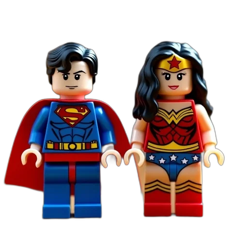 comic book art, 3d render, pair, lego, superhero, figures, one, dressed transparent PNG cut-out