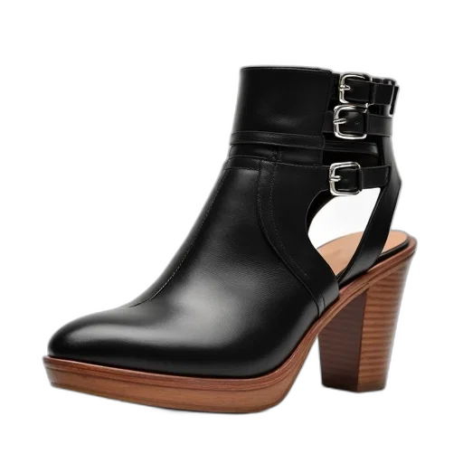 shoes, black, leather, sandal, wooden, platform, pointed, toe transparent PNG cut-out