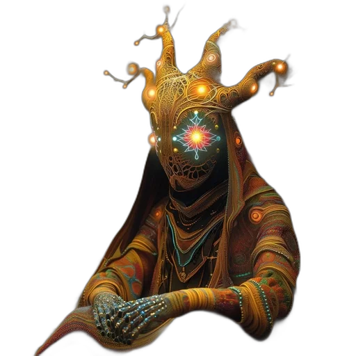 mask, staff, creature, crown, concept art, fantasy art, 3d render, pixel art transparent PNG cut-out