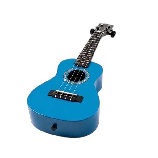 3d render, blue, ukulele, glossy, finish, black, pickguard, lying transparent PNG cut-out