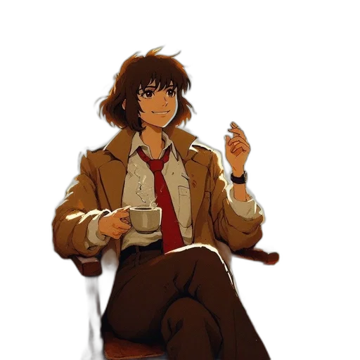 jacket, staff, concept art, comic book art, pixel art, cartoon, earth tones, animated transparent PNG cut-out
