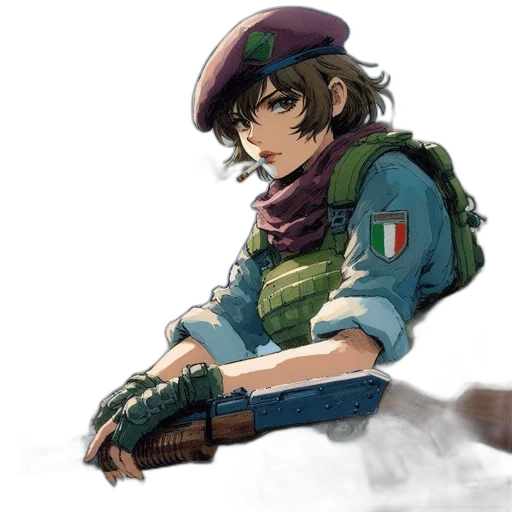 weapon, hat, jacket, concept art, watercolor, fantasy art, photorealistic, green transparent PNG cut-out