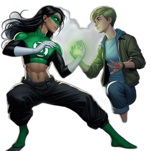comic book art, concept art, fantasy art, fire, green, two, animated, characters transparent PNG cut-out