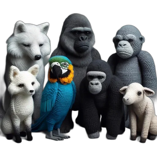 animal, concept art, 3d render, monochrome, collection, six, intricately, crocheted transparent PNG cut-out