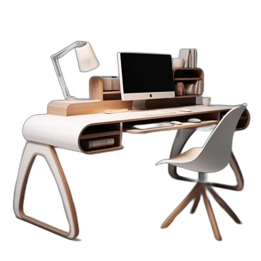 furniture, 3d render, concept art, earth tones, modern, workspace, features, white transparent PNG cut-out