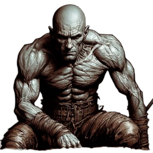 comic book art, concept art, photorealistic, fantasy art, muscular, bald, man, sits transparent PNG cut-out