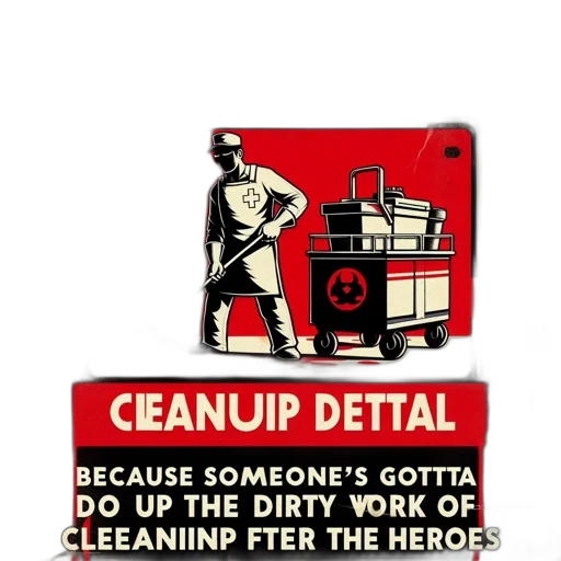 staff, illustrated, poster, showcases, janitor, character, tagline, clean transparent PNG cut-out