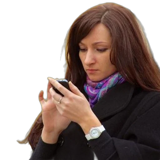 woman, black, coat, colorful, scarf, intently, looking, her transparent PNG cut-out