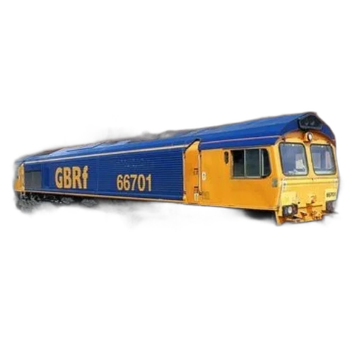 blue, yellow, locomotive, number, 66701, letters, gbrf, side transparent PNG cut-out