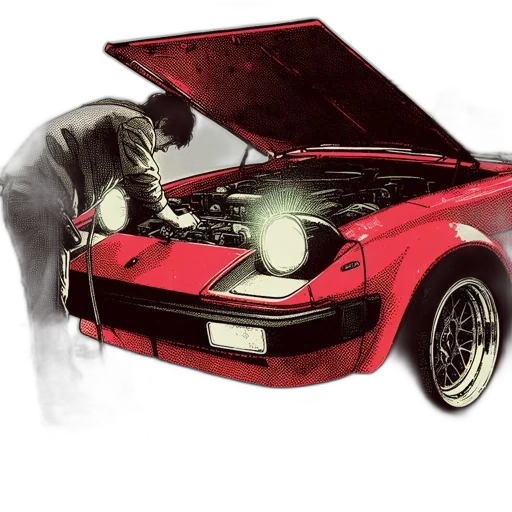 car, photorealistic, concept art, watercolor, comic book art, fire, red, man transparent PNG cut-out