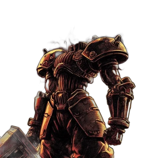 robot, weapon, concept art, comic book art, fantasy art, pixel art, earth tones, golden transparent PNG cut-out