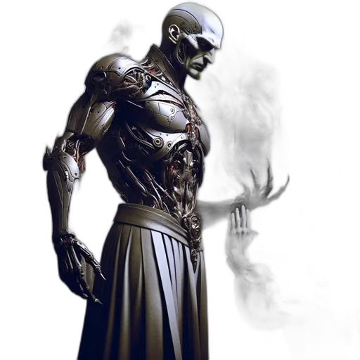 robot, concept art, comic book art, cyberpunk, fantasy art, dark, robotic, figure transparent PNG cut-out