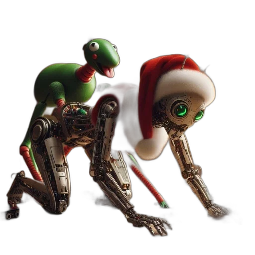 robot, creature, concept art, 3d render, inside, festive, environment, christmastime transparent PNG cut-out