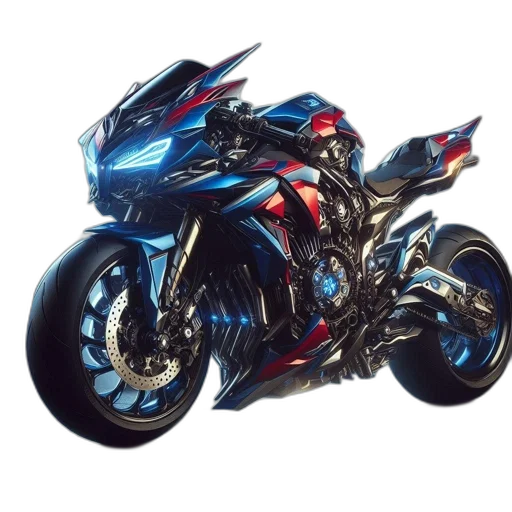 weapon, concept art, 3d render, photorealistic, anime, futuristic, blue-and-red, motorcycle transparent PNG cut-out