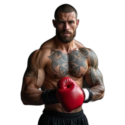 animal, weapon, photorealistic, muscular, man, well-defined, chest, tattoos transparent PNG cut-out
