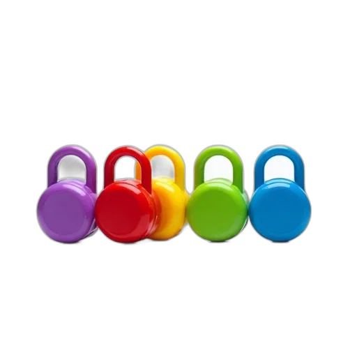 jewelry, colorful, neon, set, four, plastic, padlocks, displayed transparent PNG cut-out