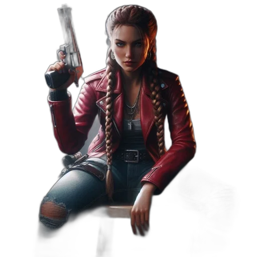 jacket, weapon, concept art, pixel art, comic book art, photorealistic, woman, sits transparent PNG cut-out