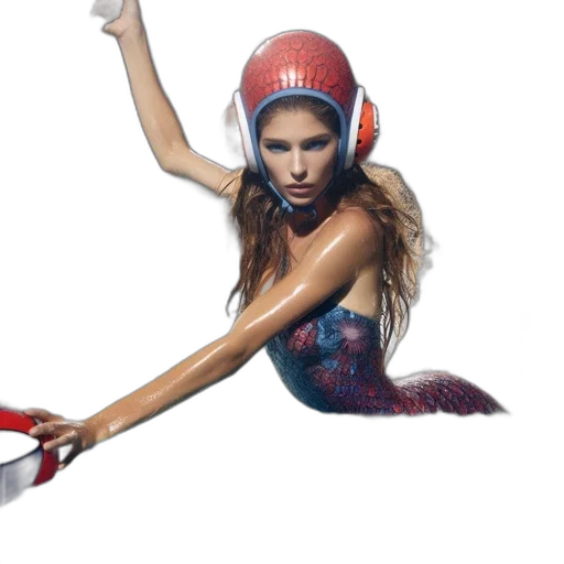 staff, fantasy art, photorealistic, woman, mermaid, tail, helmet, resembling transparent PNG cut-out
