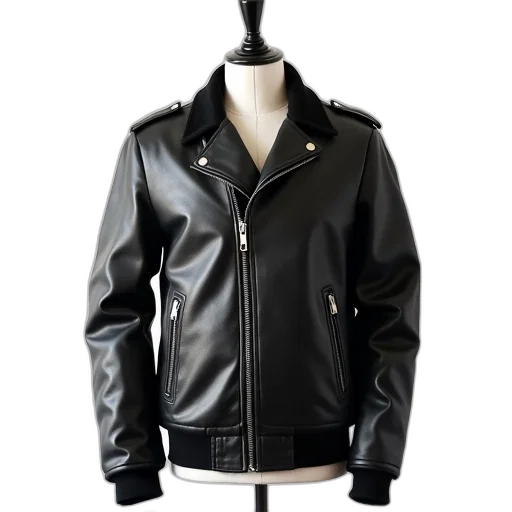 jacket, black, leather, zipper, multiple, pockets, displayed, mannequin transparent PNG cut-out