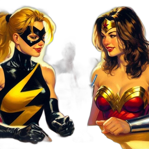 comic book art, concept art, two, superheroines, sit, diner, one, yellow transparent PNG cut-out