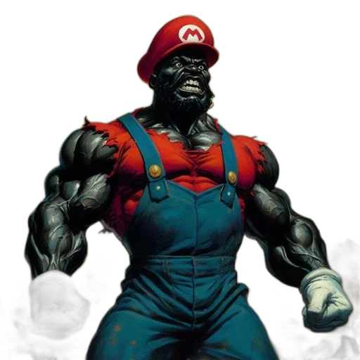 concept art, comic book art, 3d render, muscular, black, man, wearing, mario transparent PNG cut-out