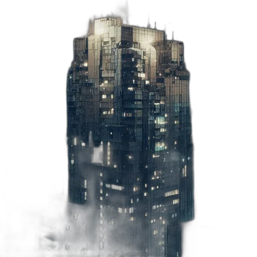building, robot, concept art, cyberpunk, 3d render, comic book art, fog, city street transparent PNG cut-out