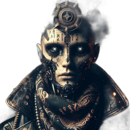 mask, face, staff, robot, concept art, fantasy art, cyberpunk, photorealistic transparent PNG cut-out