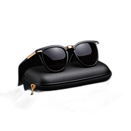 3d render, pair, sunglasses, black, frame, gold, accents, displayed transparent PNG cut-out