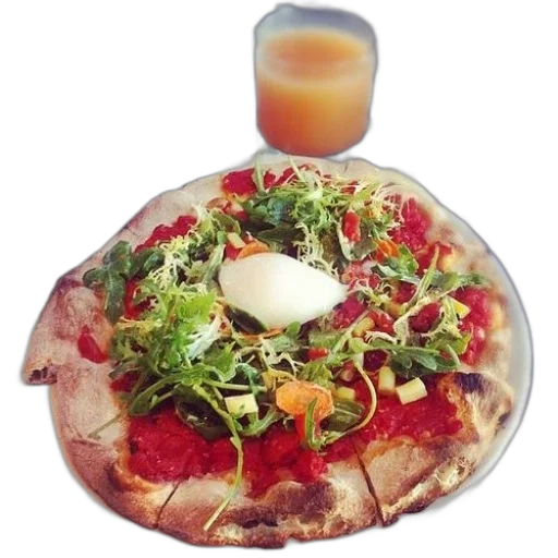 food, pizza, greens, cheese, top, sits, white, plate transparent PNG cut-out