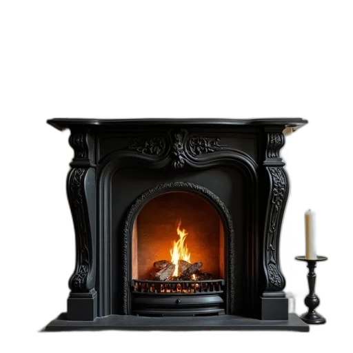furniture, fire, black, ornate, fireplace, intricate, carvings, lit transparent PNG cut-out
