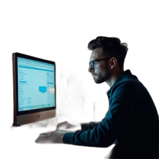 staff, 3d render, man, working, his, desk, using, computer transparent PNG cut-out
