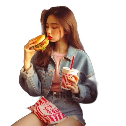 food, jacket, photorealistic, oil painting, pixel art, vaporwave, neon lights, young transparent PNG cut-out