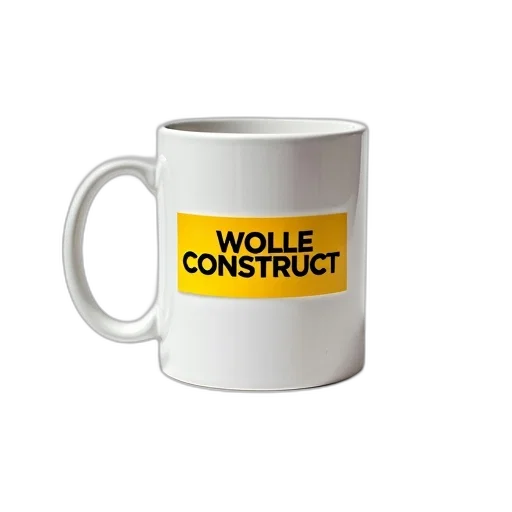 white, ceramic, mug, yellow, black, sticker, design, reads transparent PNG cut-out