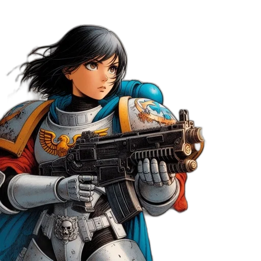 weapon, concept art, comic book art, fantasy art, woman, white, armor, blue transparent PNG cut-out