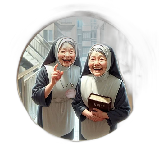 photorealistic, 3d render, oil painting, two, elderly, women, dressed, nuns transparent PNG cut-out