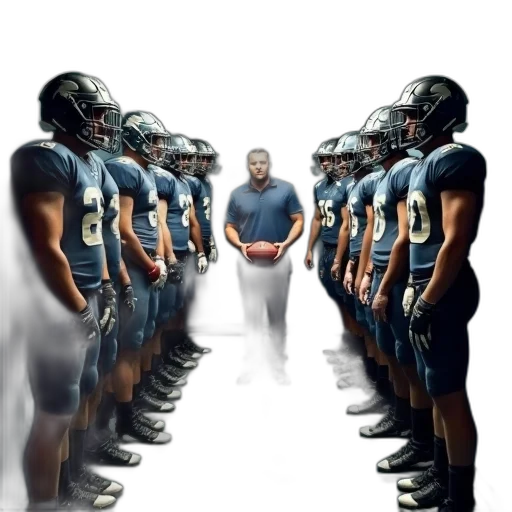 robot, concept art, group, football, players, uniform, lined, hallway transparent PNG cut-out
