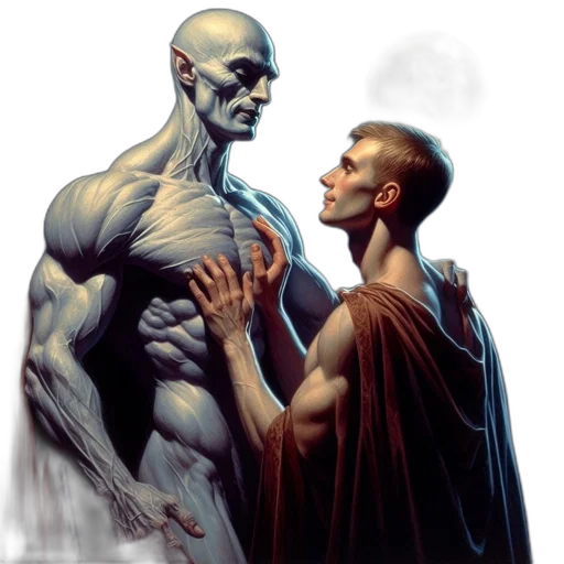 comic book art, concept art, fantasy art, two, men, interact, across, different transparent PNG cut-out