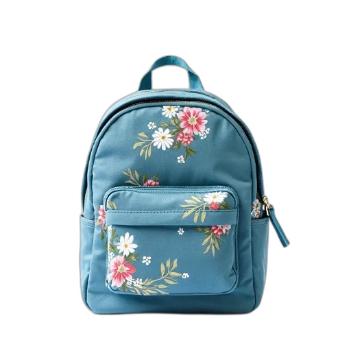 3d render, photorealistic, watercolor, pastel, blue, small, backpack, floral transparent PNG cut-out