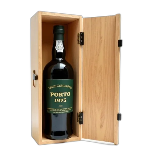 bottle, porto, 1975, wine, displayed, wooden, box, label transparent PNG cut-out