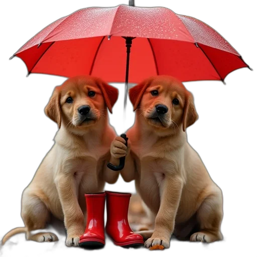 umbrella, photorealistic, rain, labrador, retriever, puppies, under, red transparent PNG cut-out