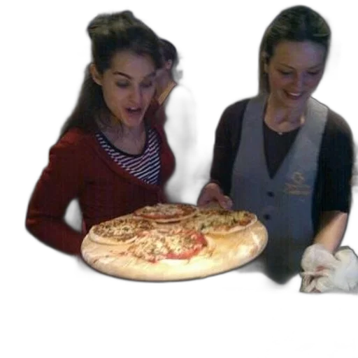 food, staff, two, women, hold, pizza, tray, front transparent PNG cut-out