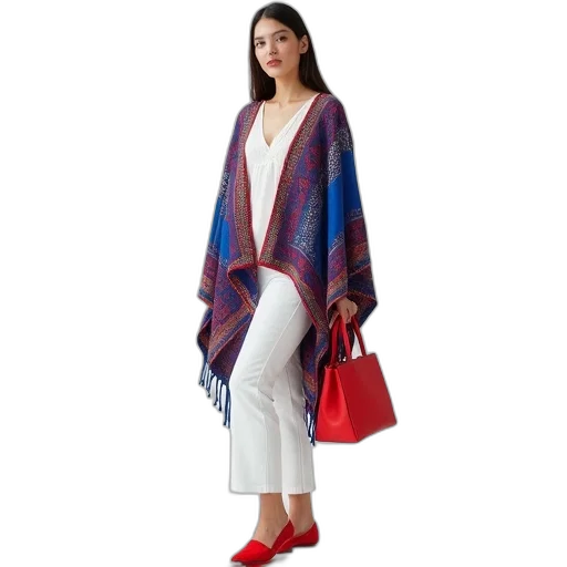 red, woman, wearing, blue, patterned, shawl, over, white transparent PNG cut-out