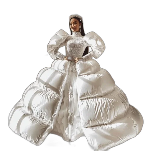 dress, jacket, crown, 3d render, snow, woman, elaborate, white transparent PNG cut-out
