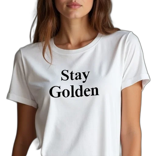 3d render, golden, woman, wearing, white, t-shirt, phrase, stay transparent PNG cut-out
