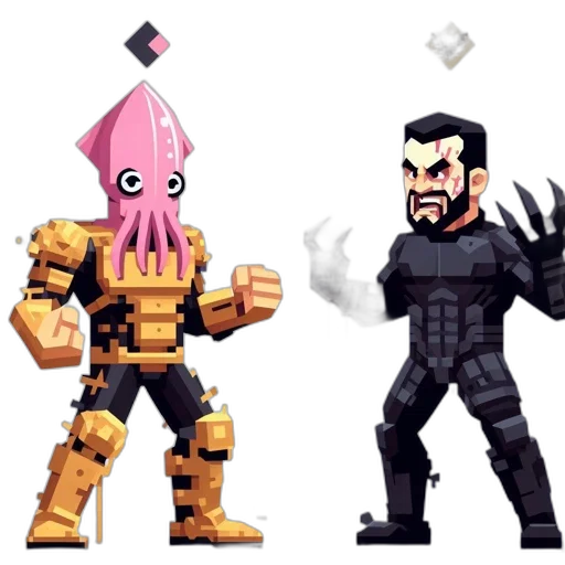 pixel art, concept art, 3d render, comic book art, two, colored, pixelated, characters transparent PNG cut-out
