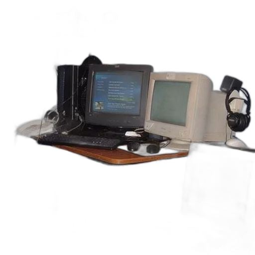 staff, furniture, 3d render, cluttered, desk, three, computer, monitors transparent PNG cut-out