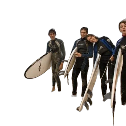 staff, underwater, group, surfers, wetsuits, stand, beach, holding transparent PNG cut-out