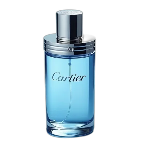 bottle, photorealistic, blue, clear, perfume, silver, cap, label transparent PNG cut-out